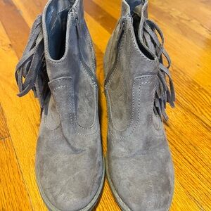 Gray Suede Ankle Boots with Fringe